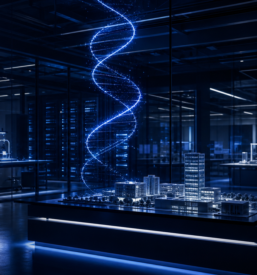 A luminous double-helix above an architectural model in a high-tech lab.